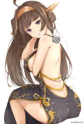 Rule 34 | 10s, 1girl, ahoge, alternate costume, artist name, ass, bare back, breasts, brown hair, china dress, chinese clothes, double bun, dress, hairband, headgear, highres, kantai collection, kongou (kancolle), large breasts, long hair, purple eyes, sideboob, simple background, smile, solo, takumin (takumi415), white background