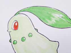 Rule 34 | chikorita, closed mouth, commentary request, creatures (company), from side, game freak, gen 2 pokemon, highres, looking at viewer, nintendo, no humans, pokemon, pokemon (creature), red eyes, sideways glance, simple background, smile, solo, sugimori ken, traditional media, white background