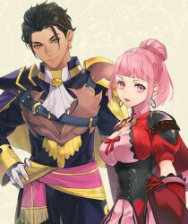 Rule 34 | 1boy, 1girl, armor, ascot, black hair, bodice, breasts, claude von riegan, cleavage, closed mouth, commentary request, dark-skinned male, dark skin, earrings, fire emblem, fire emblem: three houses, fire emblem warriors: three hopes, gloves, green eyes, hair bun, hand on own hip, hilda valentine goneril, hoop earrings, isa (peien516), jewelry, large breasts, long sleeves, looking at viewer, nintendo, official alternate costume, official alternate hairstyle, pink eyes, pink hair, short hair, shoulder armor, single hair bun, smile, white ascot, white gloves