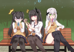 Rule 34 | 3girls, ^^^, architect (girls&#039; frontline), bench, black footwear, black hair, black legwear, breasts, bubble tea, cellphone, collared shirt, commentary request, cup, day, disposable cup, drinking, drinking straw, facing viewer, feet out of frame, forest, gager (girls&#039; frontline), girls&#039; frontline, green eyes, hair ornament, high heels, crossed legs, legs together, long hair, looking at another, loose necktie, medium breasts, multiple girls, nature, necktie, notice lines, orange eyes, ouroboros (girls&#039; frontline), outdoors, park, park bench, phone, pink eyes, pleated skirt, pointing, red eyes, sangue llia, sangvis ferri, school uniform, shaded face, shirt, side ponytail, sitting, skirt, small breasts, smartphone, sweatdrop, sweater vest, thighhighs, thighs, tree, twintails, vest, white hair, white shirt