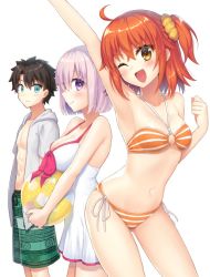 Rule 34 | 1boy, 2girls, ahoge, bikini, black hair, blue eyes, casual one-piece swimsuit, cowboy shot, dual persona, fate/grand order, fate (series), fujimaru ritsuka (female), fujimaru ritsuka (female) (brilliant summer), fujimaru ritsuka (male), fujimaru ritsuka (male) (brilliant summer), green male swimwear, green swim trunks, hair ornament, hair scrunchie, hood, hooded jacket, hoodie, jacket, male swimwear, mash kyrielight, mash kyrielight (swimsuit of perpetual summer), multiple girls, nakamura hinato, o-ring, o-ring top, official alternate costume, one-piece swimsuit, one eye closed, one side up, open clothes, open jacket, open mouth, orange bikini, orange hair, print male swimwear, print swim trunks, print swimsuit, purple eyes, purple hair, scrunchie, short hair, side-tie bikini bottom, side ponytail, simple background, standing, striped bikini, striped clothes, swim trunks, swimsuit, white background, white jacket, white one-piece swimsuit, yellow eyes, yellow scrunchie