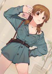Rule 34 | 1girl, bag, belt, black belt, black bra, bra, bra peek, breasts, brown eyes, brown hair, carrying, cellphone, closed mouth, collared dress, commentary, dress, dutch angle, green dress, hair tie, hand on own hip, handbag, holding, holding phone, idolmaster, idolmaster cinderella girls, indoors, jewelry, kamille (vcx68), katagiri sanae, long sleeves, looking at viewer, low twintails, medium breasts, medium hair, necklace, off shoulder, phone, short dress, smartphone, smile, solo, standing, twintails, underwear