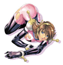 Rule 34 | 1girl, ass, blue eyes, bodysuit, breast press, breasts, brown hair, earrings, g gundam, gloves, gundam, hairband, highres, homare (fool&#039;s art), huge ass, jewelry, large breasts, legs, looking at viewer, lying, mobile trace suit, on stomach, rain mikamura, shadow, shiny clothes, short hair, simple background, skin tight, solo, thighhighs, thighs, torn clothes, white background