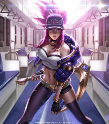Rule 34 | 1girl, akali, asymmetrical clothes, asymmetrical legwear, bandeau, baseball cap, bracelet, breasts, choker, cleavage, cropped jacket, fighting stance, fingerless gloves, gloves, hat, jacket, jewelry, k/da (league of legends), k/da akali, large breasts, league of legends, liang xing, long hair, looking at viewer, microphone, midriff, nail polish, navel, necklace, official alternate costume, open clothes, open jacket, parted lips, patreon username, ponytail, purple eyes, purple hair, sickle, single pantsleg, solo, spray can, strapless, train interior, uneven legwear, watermark, web address