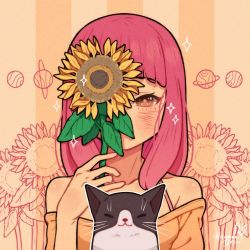Rule 34 | 1girl, animal, artist name, blunt bangs, blush, cat, covered mouth, flower, hanaan, holding, holding flower, leaf, long hair, off-shoulder shirt, off shoulder, one eye covered, original, pink hair, plant, saturn (planet), shirt, signature, solo, sparkle, sunflower, yellow flower