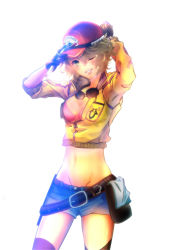 Rule 34 | 10s, 1girl, ;d, arms up, baseball cap, belt, belt pouch, bikini, bikini top only, black gloves, black thighhighs, blonde hair, breasts, cidney aurum, cleavage, cowboy shot, cropped jacket, denim, denim shorts, dirty, dirty face, final fantasy, final fantasy xv, furisode (pixilvina), gloves, goggles, goggles around neck, green eyes, hat, highres, lips, midriff, multiple belts, navel, one eye closed, open mouth, pouch, short hair, short shorts, shorts, smile, solo, swimsuit, thighhighs, wrench
