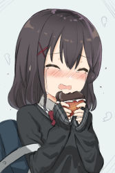 Rule 34 | 1girl, bad id, bad pixiv id, bag, black hair, black sweater, blush, candy, chocolate, chocolate heart, collared shirt, commentary request, crying, engiyoshi, closed eyes, food, grey background, hair ornament, hairclip, hands up, heart, highres, holding, holding food, long hair, long sleeves, nose blush, open mouth, original, school bag, school uniform, shirt, sleeves past wrists, solo, sweater, tears, upper body, valentine, white shirt, x hair ornament