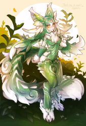 Rule 34 | 1girl, animal ear fluff, animal ears, animal feet, blush, body fur, breasts, claws, colored skin, colored tips, commission, daisy, digitigrade, flower, forehead jewel, full body, grass, green eyes, green fur, green hair, grey background, hand up, highres, hogara, holding, holding flower, long hair, long tail, looking at viewer, monster girl, multicolored eyes, multicolored hair, neck fur, open mouth, orange eyes, original, outdoors, plant, skeb commission, sky, small breasts, solo, standing, sun, tail, white flower, white fur, white hair, white skin, yellow sky
