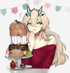 Rule 34 | 1girl, bare shoulders, blonde hair, blush, breasts, cake, cleavage, collarbone, barghest (fate), fate/grand order, fate (series), food, green eyes, horns, jewelry, large breasts, like a lady, long hair, long sleeves, neck ring, off-shoulder sweater, off shoulder, open mouth, red sweater, solo, sweater, tan (inka)