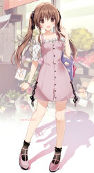 Rule 34 | 1girl, :d, absurdres, bag, bare shoulders, black socks, blush, bouquet, brown eyes, brown hair, collarbone, dress, flower, frilled dress, frills, hair ribbon, highres, karory, long hair, looking at viewer, open mouth, original, outdoors, pink dress, pink footwear, plant, ribbon, rose, shadow, shoes, shop, short sleeves, signature, smile, socks, solo, standing, storefront, twintails, window
