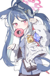 Rule 34 | 1girl, absurdres, animal ears, antenna hair, black pantyhose, blue archive, blush, cat ears, cat girl, cat tail, doughnut, food, fubuki (blue archive), hair ornament, halo, hat, heart, heart hair ornament, highres, holding doughnut, holding food, jacket, long hair, looking at viewer, mouth hold, natsukari na, pantyhose, pink halo, police, police hat, police uniform, policewoman, purple armband, red eyes, simple background, solo, tail, twintails, uniform, white background, white jacket