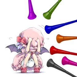 Rule 34 | 1girl, bat wings, bloomers, blue hair, blush, bow, chibi, cowering, female focus, full body, ham (points), hiding, horn (instrument), parody, remilia scarlet, solo, squatting, third-party edit, touhou, underwear, vuvuzela, white background, wings