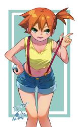 Rule 34 | 1girl, absurdres, asymmetrical hair, breasts, creatures (company), denim, denim shorts, dive ball, eyelashes, game freak, gen 1 pokemon, green eyes, gym leader, hair between eyes, hair tie, hand on own hip, highres, legs, looking at viewer, misty (pokemon), nintendo, orange hair, poke ball, pokemon, pokemon (anime), pokemon (classic anime), ponytail, shirt, shoes, short hair, short shorts, shorts, side ponytail, smile, solo, suspenders, tank top, thighs, wide hips, yellow shirt, yellow tank top, yoshikage (yo4kage)