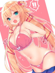 Rule 34 | !, 1girl, akai haato, aqua eyes, arms behind back, bare shoulders, blonde hair, blush, bra, breasts, cleavage, collarbone, commentary, embarrassed, hair ornament, hair ribbon, hair scrunchie, heart, highres, hololive, large breasts, long hair, mi taro333, navel, one side up, open mouth, panties, pink bra, pink panties, red ribbon, removing bra, ribbon, scrunchie, sidelocks, solo, spoken exclamation mark, standing, stomach, surprised, tearing up, twintails, underwear, undoing bra, undressing, very long hair, virtual youtuber