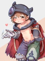 Rule 34 | 1boy, aq gohan, blowing kiss, brown eyes, cape, collarbone, facial mark, fake horns, green shorts, hand on own hip, heart, helmet, highres, horned helmet, horns, looking at viewer, made in abyss, male focus, mechanical arms, multicolored clothes, multicolored shorts, navel, nipples, o3o, one eye closed, patterned background, purple shorts, red cape, regu (made in abyss), robot, short hair, shorts, solo, standing, striped background, topless male