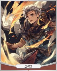 Rule 34 | 1boy, anocurry, artist name, boey (fire emblem), book, brown eyes, cape, character name, circlet, dark skin, dark-skinned male, fire, fire emblem, fire emblem echoes: shadows of valentia, gloves, male focus, nintendo, open mouth, solo, teeth, upper body, white hair