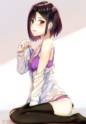 Rule 34 | 1girl, absurdres, adjusting strap, bare shoulders, black hair, black thighhighs, blush, bob cut, bra, collarbone, commentary, earrings, from side, highres, jewelry, looking at viewer, looking to the side, no pants, off shoulder, open clothes, open shirt, original, panties, parted lips, purple panties, raised eyebrows, red eyes, shirt, short hair, signature, sitting, solo, tetto (onnoveltet), thighhighs, underwear, wariza, white shirt