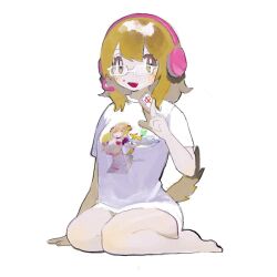 1girl :d bad_id bad_twitter_id barefoot between_fingers blonde_hair full_body headphones holding holding_mahjong_tile inumamiya looking_at_viewer mahjong mahjong_tile mill_gyu open_mouth print_shirt real_life shirt short_hair short_sleeves simple_background sitting smile solo t-shirt tail wariza white_background white_shirt yellow_eyes