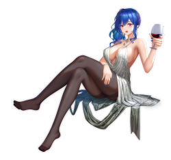 Rule 34 | 1girl, absurdres, ass, azur lane, backless dress, backless outfit, bare shoulders, barefoot, black pantyhose, blue hair, blue nails, breasts, cleavage, cup, dress, drinking glass, earrings, evening gown, feet, grey dress, hair between eyes, hair ornament, hairclip, halter dress, halterneck, highres, holding, holding cup, hong bai, jewelry, large breasts, nail polish, necklace, pantyhose, pink eyes, revealing clothes, side ponytail, sidelocks, silver dress, st. louis (azur lane), st. louis (luxurious wheels) (azur lane), thighs, toes