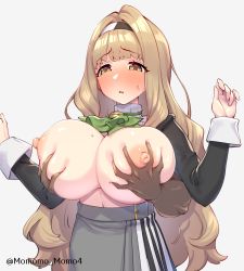 Rule 34 | 1boy, 1girl, blonde hair, blush, breasts, breasts out, brown eyes, clothes, embarrassed, grabbing, grabbing another&#039;s breast, grabbing from behind, highres, large breasts, long hair, nipples, open clothes, otonoha naho, simple background, sweat, virtual youtuber, white background, yoshiwa tomo