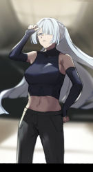 Rule 34 | 1girl, ak-15 (girls&#039; frontline), black pants, black tank top, blue gloves, blurry, blurry background, braid, breasts, closed mouth, crop top, elbow gloves, feet out of frame, french braid, girls&#039; frontline, gloves, grey hair, hair between eyes, hair over one eye, hand on own hip, highres, long hair, looking at viewer, medium breasts, navel, pants, purple eyes, solo, standing, tactical clothes, tank top, yotsuyama (yomo8ama)