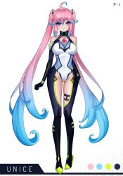Rule 34 | 1girl, ango, ankkoyom, bad id, bad pixiv id, blue eyes, blue hair, bodysuit, boots, breasts, elbow gloves, full body, gloves, gradient hair, high heels, highres, leotard, long hair, matching hair/eyes, multicolored hair, original, pink hair, solo, thigh boots, thigh strap, thighhighs, twintails, very long hair