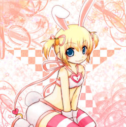Rule 34 | 1girl, animal ears, blonde hair, blue eyes, carrot, extra ears, female focus, gloves, hair ribbon, midriff, pangya, parousa, pipin, rabbit ears, rabbit tail, ribbon, short hair, short twintails, solo, striped clothes, striped thighhighs, tail, thighhighs, twintails