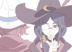 Rule 34 | 2girls, blue hair, chariot du nord, closed mouth, dual persona, finger to mouth, from behind, glasses, hat, highres, little witch academia, long hair, looking at viewer, multiple girls, pale color, red eyes, shiny chariot, shushing, simple background, smile, spoilers, tasaka shinnosuke, ursula callistis, white background, white hat, witch, witch hat