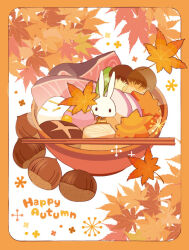 Rule 34 | animal, autumn, autumn leaves, black eyes, border, bowl, chopsticks, clothed animal, commentary request, english text, food, food focus, food request, ham, holding, holding leaf, in food, japanese clothes, kimono, leaf, long sleeves, looking at viewer, mushroom, no mouth, nut (food), orange border, orange kimono, original, oversized object, rabbit, solid oval eyes, sparkle, subaru (jack), white background, wide sleeves
