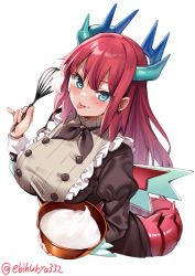 Rule 34 | 1girl, :p, aqua eyes, artist name, black neckwear, black ribbon, blush, bowl, breasts, cream, dragon girl, dragon horns, dragon tail, dragonmaid (yu-gi-oh!), ebifurya, food, highres, holding, holding bowl, horns, kitchen dragonmaid, large breasts, long hair, long sleeves, looking at viewer, puffy long sleeves, puffy sleeves, red hair, ribbon, simple background, solo, tail, tongue, tongue out, twitter username, white background, yu-gi-oh!