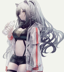 Rule 34 | 1girl, absurdres, animal ears, arknights, black scarf, bottle, breasts, cat ears, commentary, cowboy shot, crop top, grey background, hand up, highres, holding, holding bottle, jacket, large breasts, long hair, long sleeves, looking at viewer, midriff, miike (992058), navel, open clothes, open jacket, scarf, schwarz (arknights), see-through, silver hair, simple background, solo, standing, stomach, thigh strap, water bottle, white jacket, yellow eyes