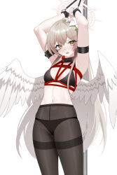 Rule 34 | 1girl, armband, bdsm, black armband, black bra, black panties, black pantyhose, blue archive, blush, bound, bound wrists, bra, breasts, brown hair, brown halo, commentary request, feathered wings, hair between eyes, halo, highres, long hair, looking at viewer, low wings, nagisa (blue archive), navel, nose blush, open mouth, paid reward available, panties, panties under pantyhose, pantyhose, pole, qianshibu, red rope, restrained, rope, shibari, simple background, small breasts, solo, thighband pantyhose, underwear, v-shaped eyebrows, white background, white wings, wings, yellow eyes