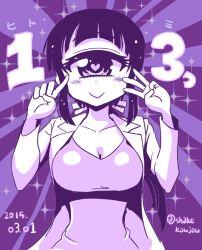 Rule 34 | 10s, 1girl, 2015, breasts, cleavage, cyclops, dated, heart, heart-shaped pupils, hitomi (hitomi sensei no hokenshitsu), hitomi sensei no hokenshitsu, manaka hitomi, monochrome, one-eyed, purple eyes, purple theme, shake-o, smile, solo, sparkle, symbol-shaped pupils, twitter username, upper body