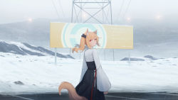 Rule 34 | 1girl, :|, absurdres, animal ear fluff, animal ears, arknights, billboard, black skirt, blonde hair, blush, chinese commentary, closed mouth, commentary, cowboy shot, expressionless, floating hair, grey sky, highres, long hair, long sleeves, looking at viewer, looking back, mountainous horizon, power lines, red eyes, road, rock, scenery, scrunchie, shirt, skirt, sky, snow, snowing, solo, sora (arknights), tail, transmission tower, twintails, white shirt, wide sleeves, wolf ears, wolf tail, yao ren gui