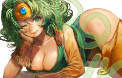 Rule 34 | 1girl, breasts, chunsoft, circlet, cleavage, curly hair, dragon quest, dragon quest iv, enix, gloves, green eyes, green hair, heroine (dq4), large breasts, lying, matching hair/eyes, okojo, one eye closed, solo, square enix, wink