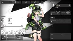Rule 34 | 1girl, arknights, backpack, bag, bare legs, english text, fake screenshot, goggles, goggles on headwear, green eyes, green hair, helmet, highres, lantern, leaf, monster girl, open mouth, pea, plant girl, plants vs zombies, pompmaker1, ponytail, shorts, shovel, slingshot (weapon), solo, thigh strap, vest, weapon