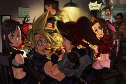Rule 34 | 5girls, aerith gainsborough, alex ahad, animal, armor, bandana, bare shoulders, barret wallace, beard, biggs (ff7), black bra, black gloves, black hair, black skirt, blonde hair, blue eyes, blue leotard, blue shirt, blush, bra, braid, braided ponytail, breastplate, breasts, brown hair, brown vest, calendar (object), cloud strife, crop top, cropped jacket, dark-skinned male, dark skin, dining room, dress, eating, elbow gloves, facial hair, father and daughter, feather hair ornament, feathers, final fantasy, final fantasy vii, final fantasy vii remake, food, full mouth, gloves, green eyes, hair ornament, hair ribbon, headband, highres, holding, holding food, holding pizza, indoors, jacket, jessie rasberry, leaning forward, leotard, long hair, looking at another, marlene wallace, medium breasts, midriff, multiple boys, multiple girls, one eye closed, open mouth, orange fur, parted bangs, parted lips, pink dress, pink ribbon, pizza, ponytail, pout, red bandana, red eyes, red headband, red jacket, red xiii, ribbon, scar, scar across eye, shirt, short hair, short sleeves, shoulder armor, shouting, sidelocks, sitting, skirt, sleeveless, sleeveless turtleneck, smile, speech bubble, spiked hair, sports bra, suspenders, sweatdrop, tifa lockhart, turtleneck, underwear, upper body, vest, wedge (ff7), white shirt