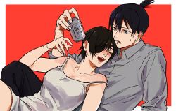 Rule 34 | 1boy, 1girl, alcohol, beer, beer can, black hair, blue eyes, blush, can, chainsaw man, closed eyes, collared shirt, drink can, drunk, earrings, eyepatch, grey shirt, hair between eyes, hayakawa aki, himeno (chainsaw man), holding, holding can, jewelry, leaning on person, looking at another, open mouth, red background, shirt, short hair, simple background, smile, stud earrings, sweat, tank top, topknot, white tank top, yuku oekk