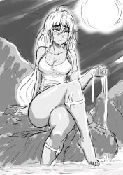 Rule 34 | 1girl, breasts, crossed legs, doodle, female focus, freckles, freckles on breasts, greyscale, long hair, lummypixith, monochrome, moon, moonlight, original, sketch, solo, unfinished, water