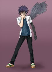 Rule 34 | 1boy, black hair, black pants, black skin, blue shirt, brown background, colored skin, commentary request, feathered wings, full body, gedougawa, grey wings, grin, hand over face, highres, looking at viewer, male focus, medium bangs, open clothes, open shirt, original, pants, pen in pocket, red eyes, sandals, shirt, short hair, short sleeves, single wing, smile, solo, standing, undershirt, v-shaped eyebrows, white shirt, wings