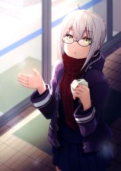 Rule 34 | 1girl, :o, ahoge, artoria pendragon (fate), bad id, bad pixiv id, black-framed eyewear, black shirt, black skirt, blue coat, blurry, braid, coat, depth of field, duffel coat, fate/grand order, fate (series), food, fringe trim, glasses, hair between eyes, hands up, holding, holding food, hood, hood down, hooded coat, kinata 1, long sleeves, looking up, miniskirt, mysterious heroine x alter (fate), mysterious heroine x alter (first ascension) (fate), outdoors, parted lips, plaid, plaid scarf, pleated skirt, red scarf, scarf, semi-rimless eyewear, shirt, sidelocks, skirt, snowing, solo, standing, unmoving pattern, white hair, yellow eyes