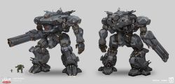 Rule 34 | arm cannon, canopy, character sheet, commentary, concept art, copyright name, doom (series), doom eternal, emerson tung, english commentary, gatling gun, grey background, highres, logo, mecha, official art, open hand, robot, science fiction, size comparison, weapon