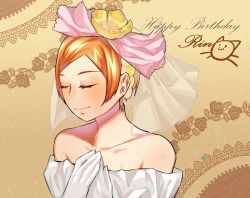 Rule 34 | 1girl, artist name, artist request, back bow, bare shoulders, bow, breasts, cherry blossoms, choker, cleavage, collarbone, dauchanmeo, dress, earrings, closed eyes, female focus, flower, gloves, green eyes, hair between eyes, hair flower, hair ornament, highres, hoshizora rin, jewelry, looking at viewer, love live!, love live! school idol festival, love live! school idol project, love wing bell, orange flower, orange hair, parted lips, pink bow, pom pom (clothes), pom pom hair ornament, short dress, short hair, sleeveless, sleeveless dress, smile, solo, strapless, strapless dress, veil, white choker, white dress, white gloves, white veil, yellow eyes, yellow flower