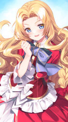 Rule 34 | 1girl, alfin reise arnor, blonde hair, blue background, blue bow, blue bowtie, blue eyes, blush, bow, bowtie, bucchake (asami), commentary request, commission, dress, eiyuu densetsu, frilled dress, frilled sleeves, frills, layered dress, long hair, long sleeves, looking at viewer, parted bangs, parted lips, partial commentary, red dress, sen no kiseki, skeb commission, solo, wavy hair, wide sleeves