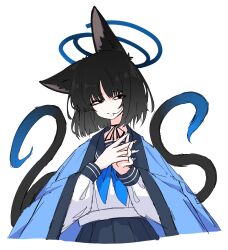 Rule 34 | 1girl, animal ears, black eyes, black hair, black ribbon, blue archive, blue neckerchief, cat ears, cat girl, cat tail, cowboy shot, dr yamero, hair in own mouth, halo, highres, kikyou (blue archive), medium hair, multiple tails, neck ribbon, neckerchief, ribbon, simple background, solo, tail, white background
