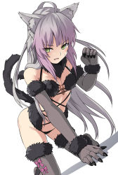 Rule 34 | 1girl, all fours, animal ear fluff, animal ears, atalanta (fate), atalanta alter (fate), blush, cosplay, dutch angle, fate/apocrypha, fate/grand order, fate (series), fur-trimmed gloves, fur collar, fur trim, gloves, gradient hair, green eyes, grey gloves, grey hair, grey thighhighs, looking at viewer, mash kyrielight, mash kyrielight (dangerous beast), mash kyrielight (dangerous beast) (cosplay), multicolored hair, official alternate costume, open mouth, pet play, ponytail, purple hair, red theme, shiseki hirame, sidelocks, simple background, solo, tail, thighhighs, white background, wolf ears, wolf tail