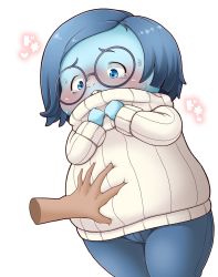 Rule 34 | 1girl, artist request, blue eyes, blue hair, blue skin, blush, buck teeth, colored skin, glasses, inside out, plump, sadness (inside out), sweater, tears, teeth