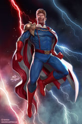 Rule 34 | 1boy, artist name, blonde hair, blue bodysuit, bodysuit, boots, cape, clenched hands, comic cover, commentary, cover image, english commentary, gloves, highres, homelander, in-hyuk lee, lightning, male focus, muscular, muscular male, official art, parted lips, realistic, red cape, red eyes, red footwear, red gloves, smile, solid eyes, solo, striped cape, the boys, watermark, web address, white cape