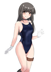 Rule 34 | 1girl, bare shoulders, black hair, blue one-piece swimsuit, breasts, brown eyes, collarbone, competition swimsuit, covered navel, feet out of frame, gloves, hayashio (kancolle), kantai collection, kneehighs, long hair, looking at viewer, one-piece swimsuit, parted lips, sasakura (calicchio), simple background, small breasts, socks, solo, swimsuit, walking, white background, white gloves