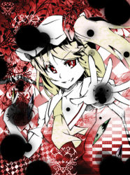 Rule 34 | 1girl, blonde hair, blouse, collared shirt, eightman, embodiment of scarlet devil, female focus, flandre scarlet, grin, hat, mob cap, partially colored, red background, red eyes, shirt, smile, solo, touhou, white hat, white shirt, wings